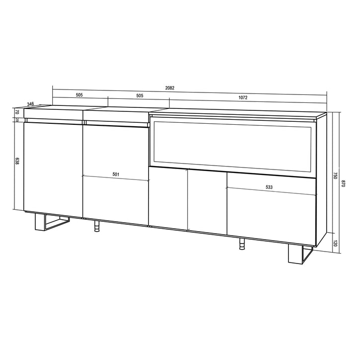 Credenza, Mobile, Cucina, 210, 4 Porte, Camino elettrico XXL, Design industriale, Nero RF3218