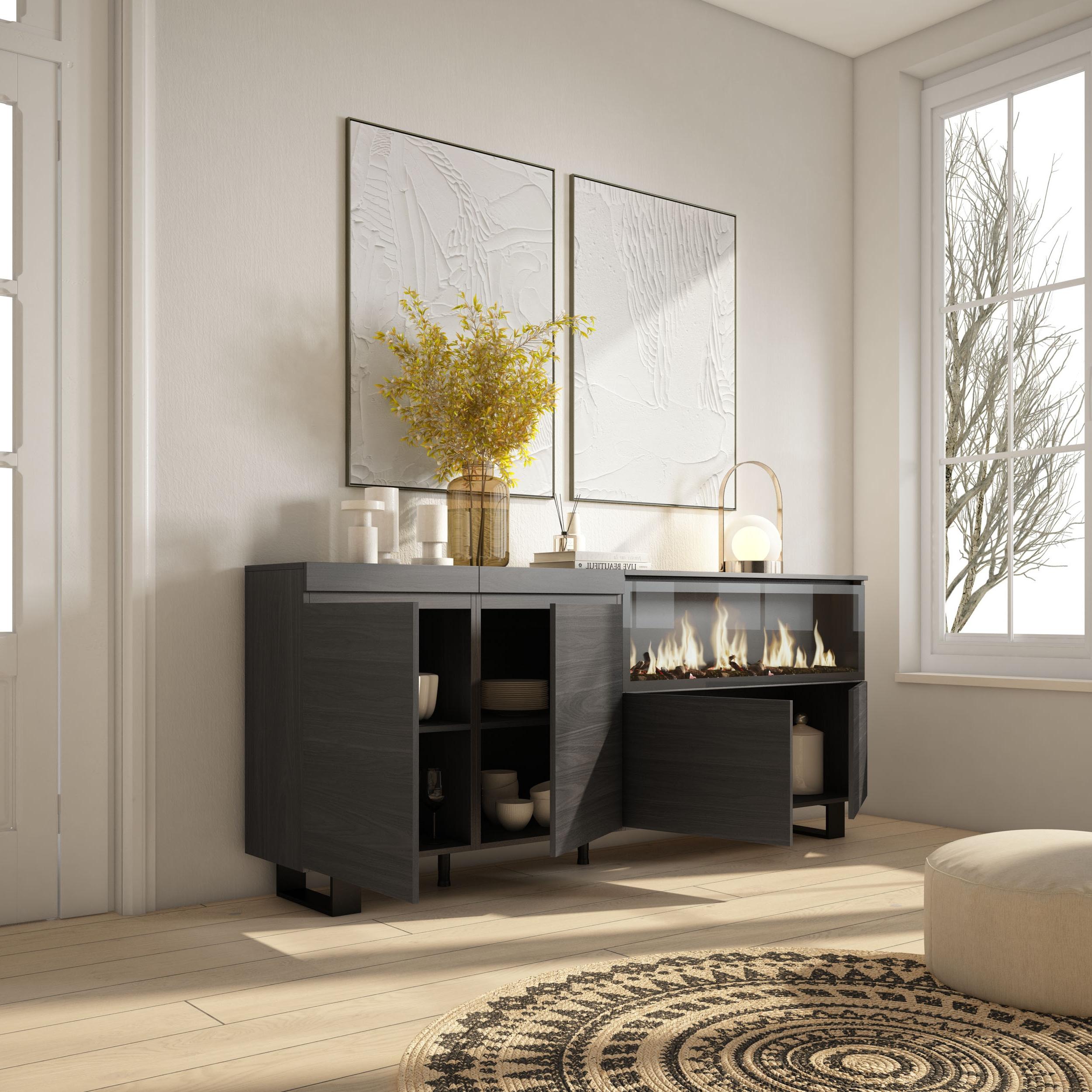 Credenza, Mobile, Cucina, 210, 4 Porte, Camino elettrico XXL, Design industriale, Nero RF3218