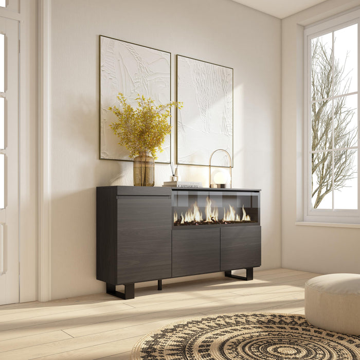 Credenza, Mobile, Cucina, 160, 3 Porte, Camino elettrico XXL, Design industriale, Nero RF3285