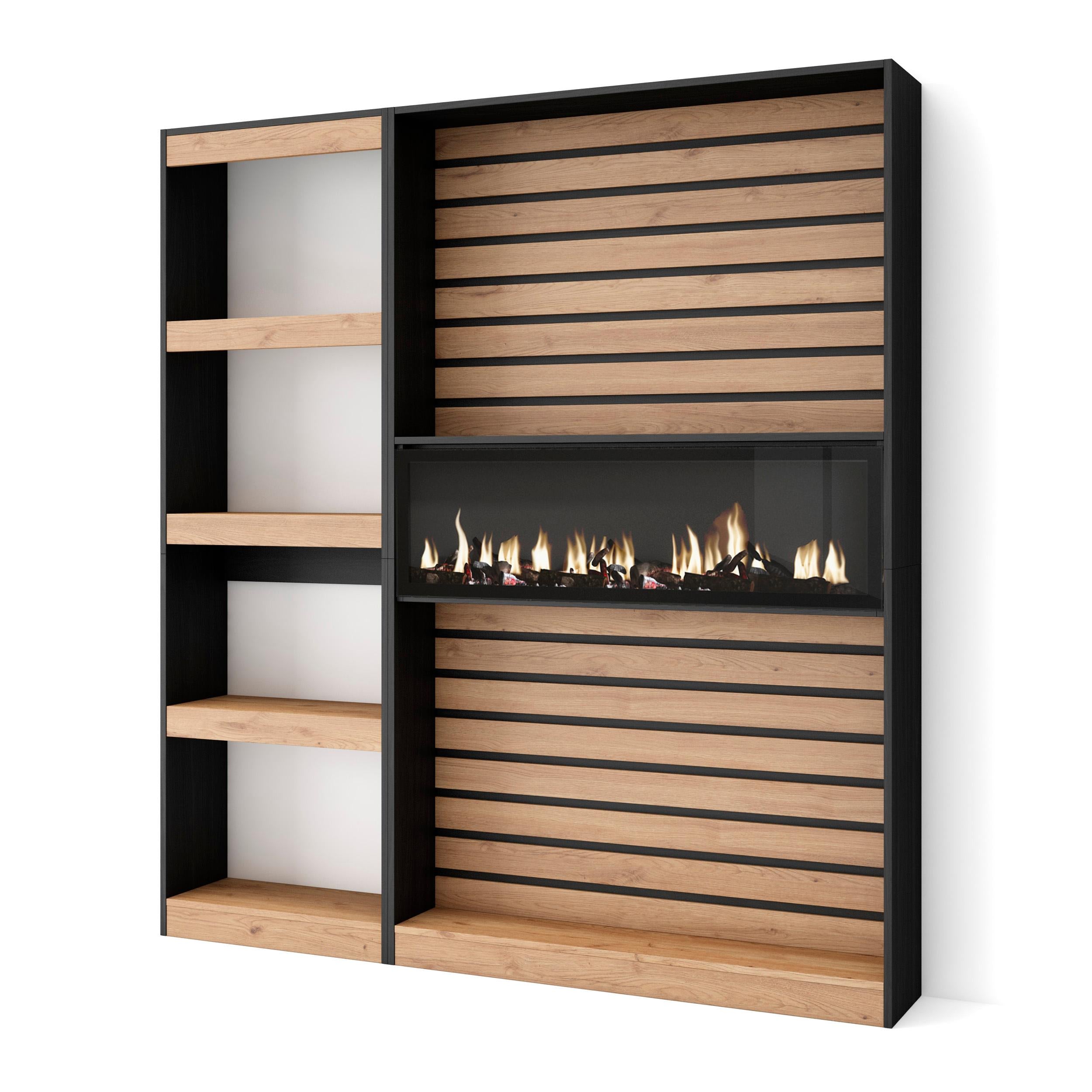 Libreria scaffale in legno a ripiani, 170x186x25cm, Camino elettrico, Stile moderno, Rovere e nero