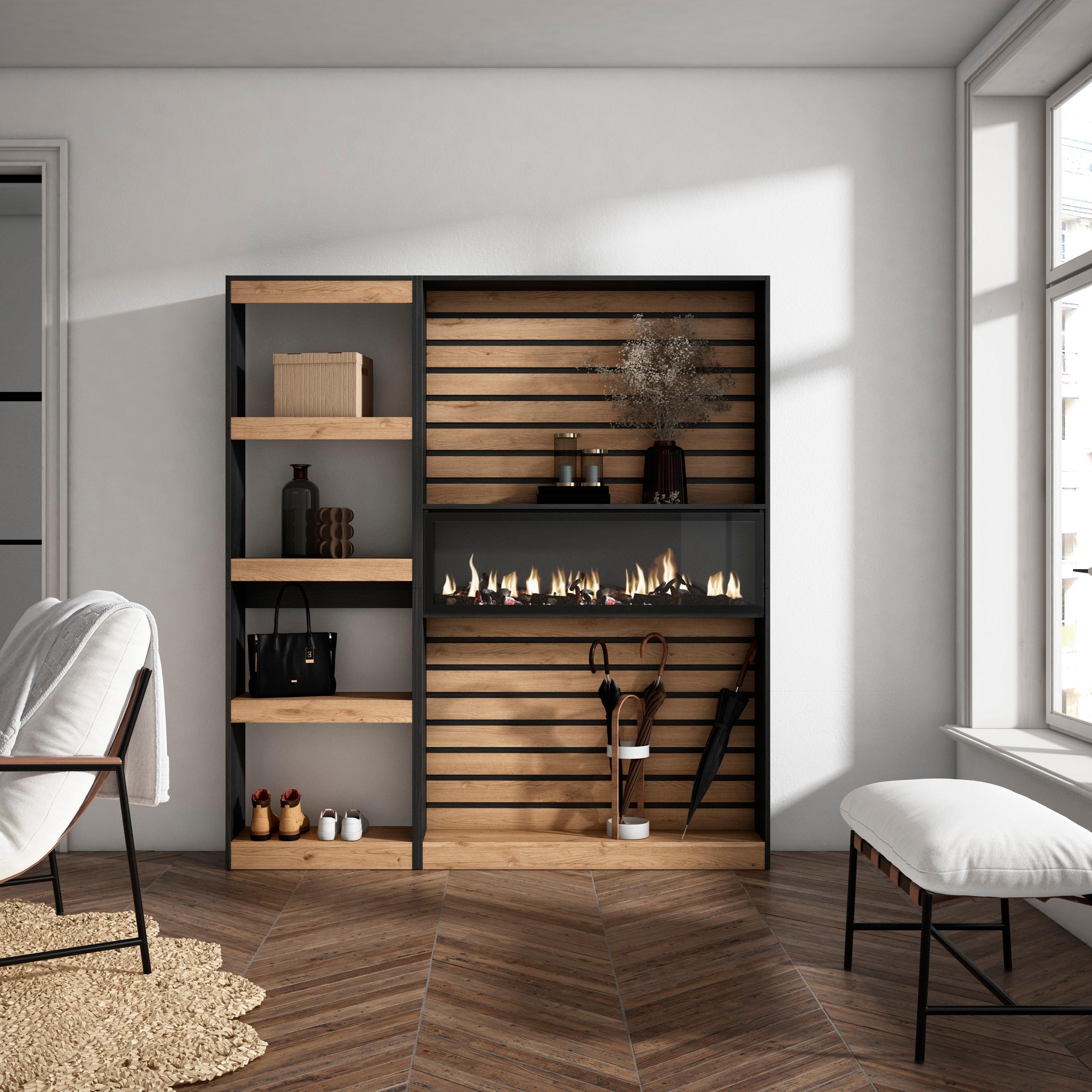 Libreria scaffale in legno a ripiani, 170x186x25cm, Camino elettrico, Stile moderno, Rovere e nero