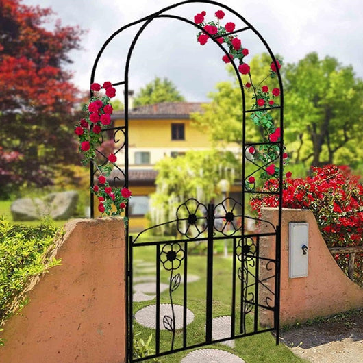 Arco da Giardino in Ferro con Cancello per Piante Rampicanti 116x36.5 H228cm Nero