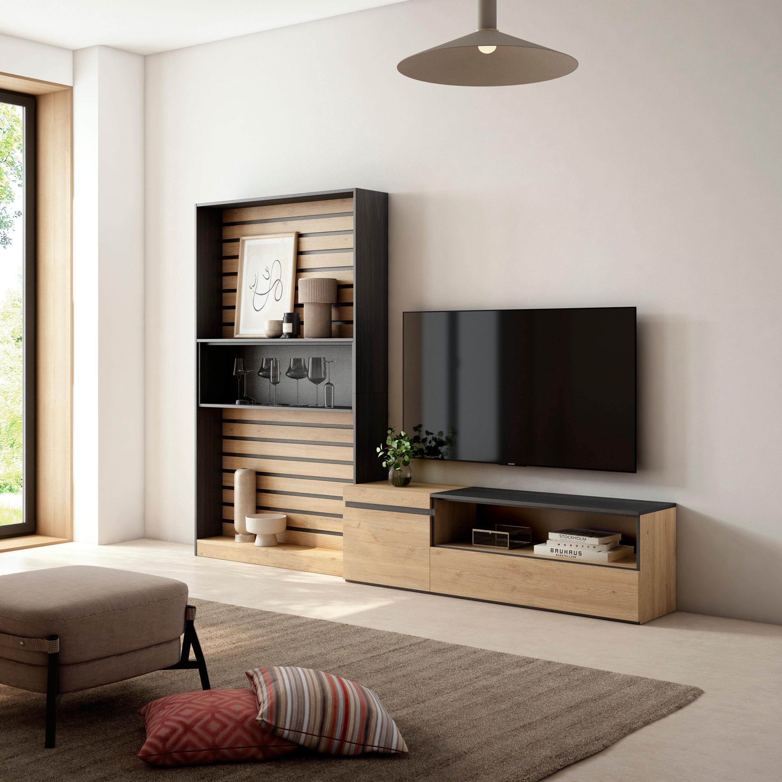 Mobile TV, Soggiorno, 260x35x186cm, Per TV fino a 65", Set di mobili, colore Rovere e nero RF2532