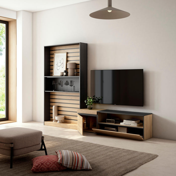 Mobile TV, Soggiorno, 260x35x186cm, Per TV fino a 65", Set di mobili, colore Rovere e nero RF2532