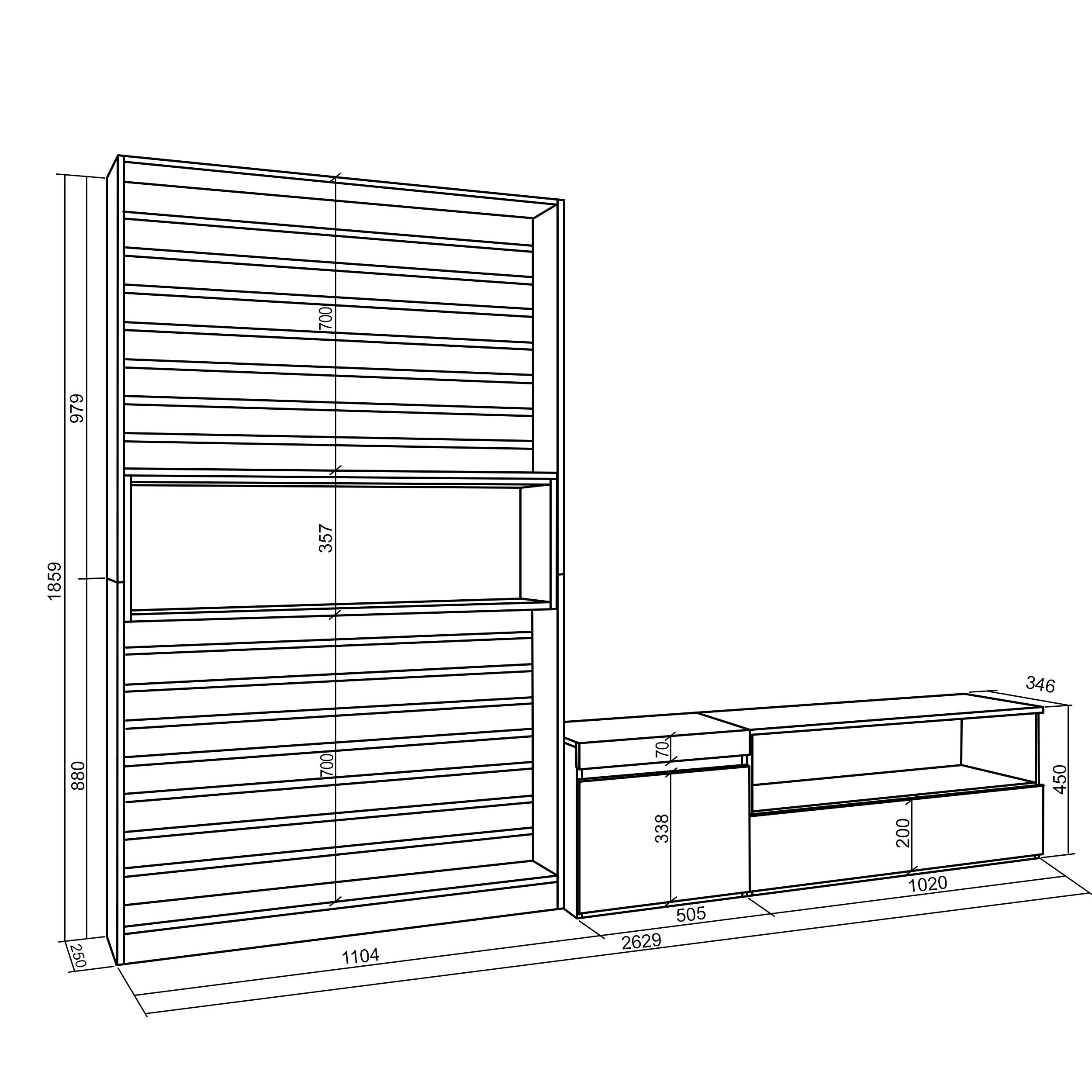 Mobile TV, Soggiorno, 260x35x186cm, Per TV fino a 65", Set di mobili, colore Rovere e nero RF2532