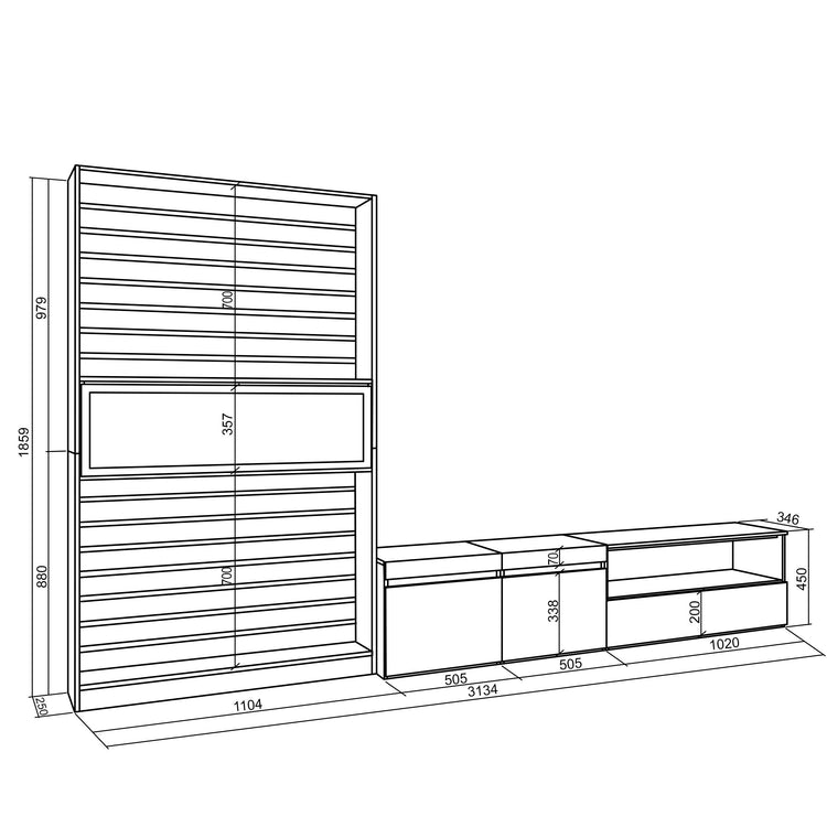 Mobile Soggiorno TV, 210x186x35cm, Per TV fino a 80", Camino elettrico RF2859