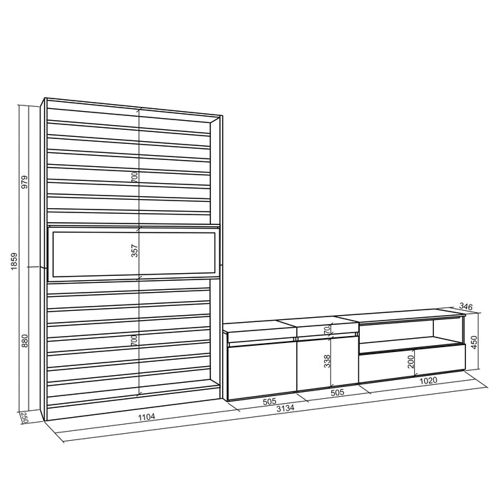 Mobile Soggiorno TV, 210x186x35cm, Per TV fino a 80", Camino elettrico RF2844