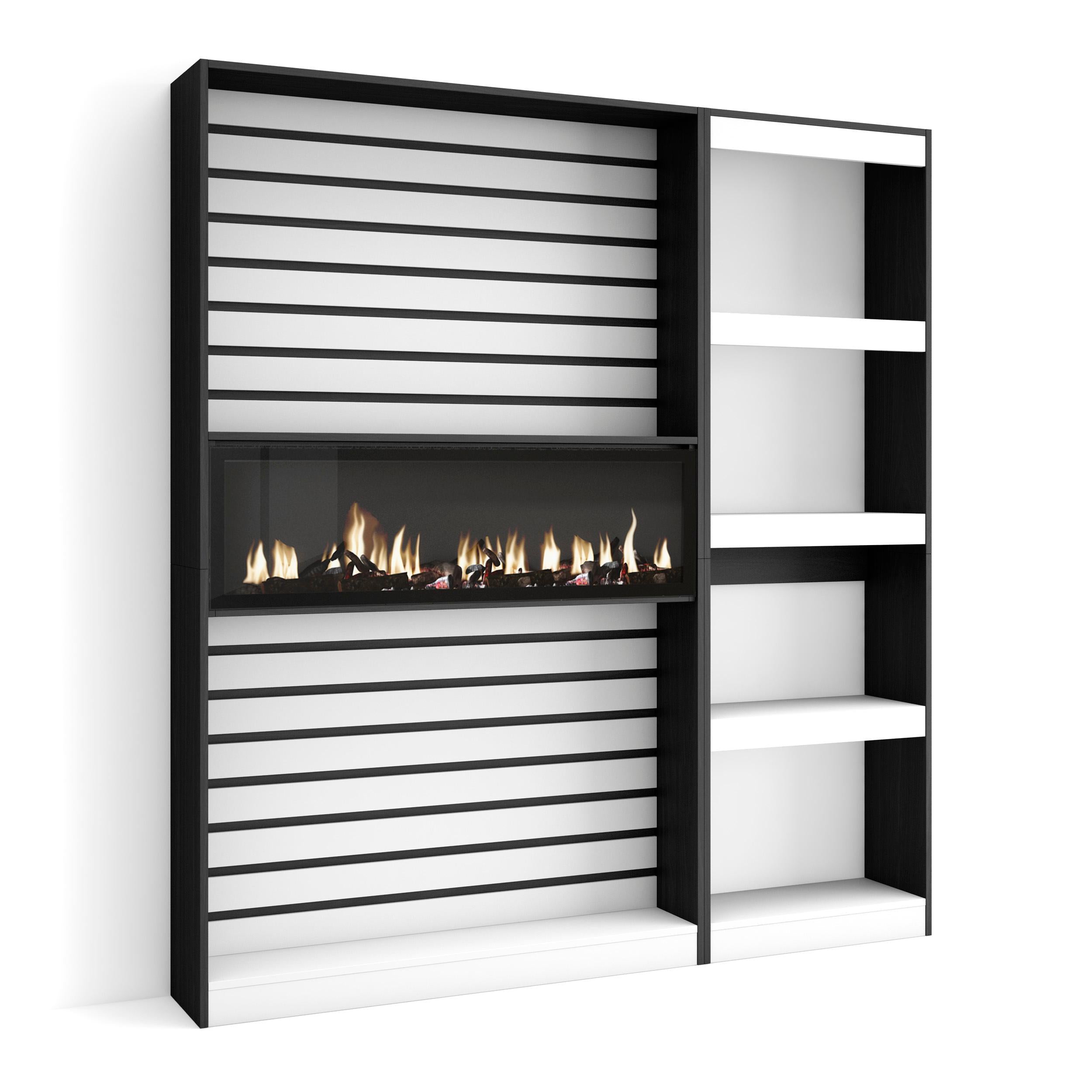 Libreria scaffale in legno a ripiani, 170x186x25cm, Camino elettrico, Stile moderno, colore Bianco e nero