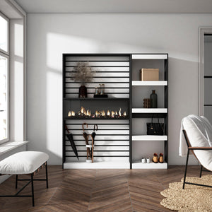 Libreria scaffale in legno a ripiani, 170x186x25cm, Camino elettrico, Stile moderno, colore Bianco e nero