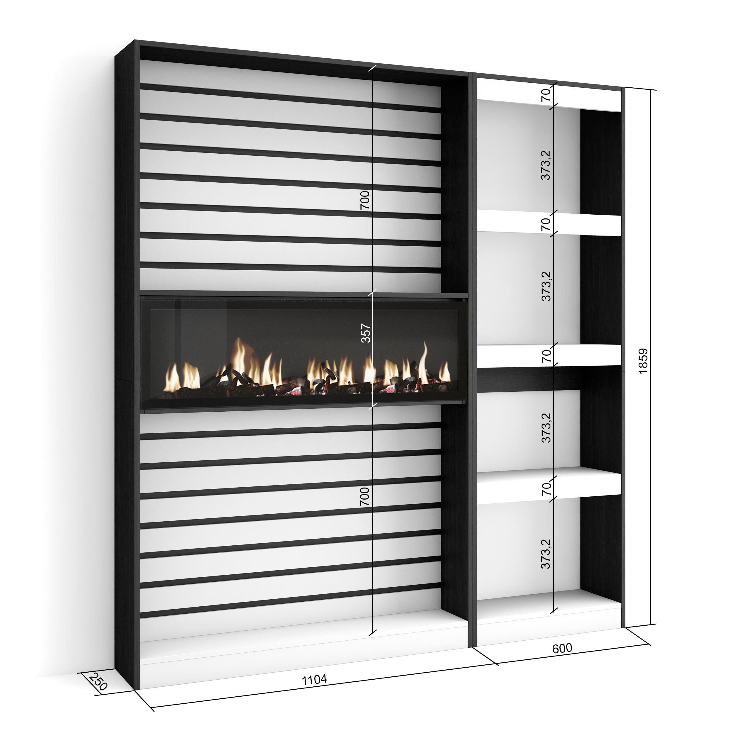 Libreria scaffale in legno a ripiani, 170x186x25cm, Camino elettrico, Stile moderno, colore Bianco e nero