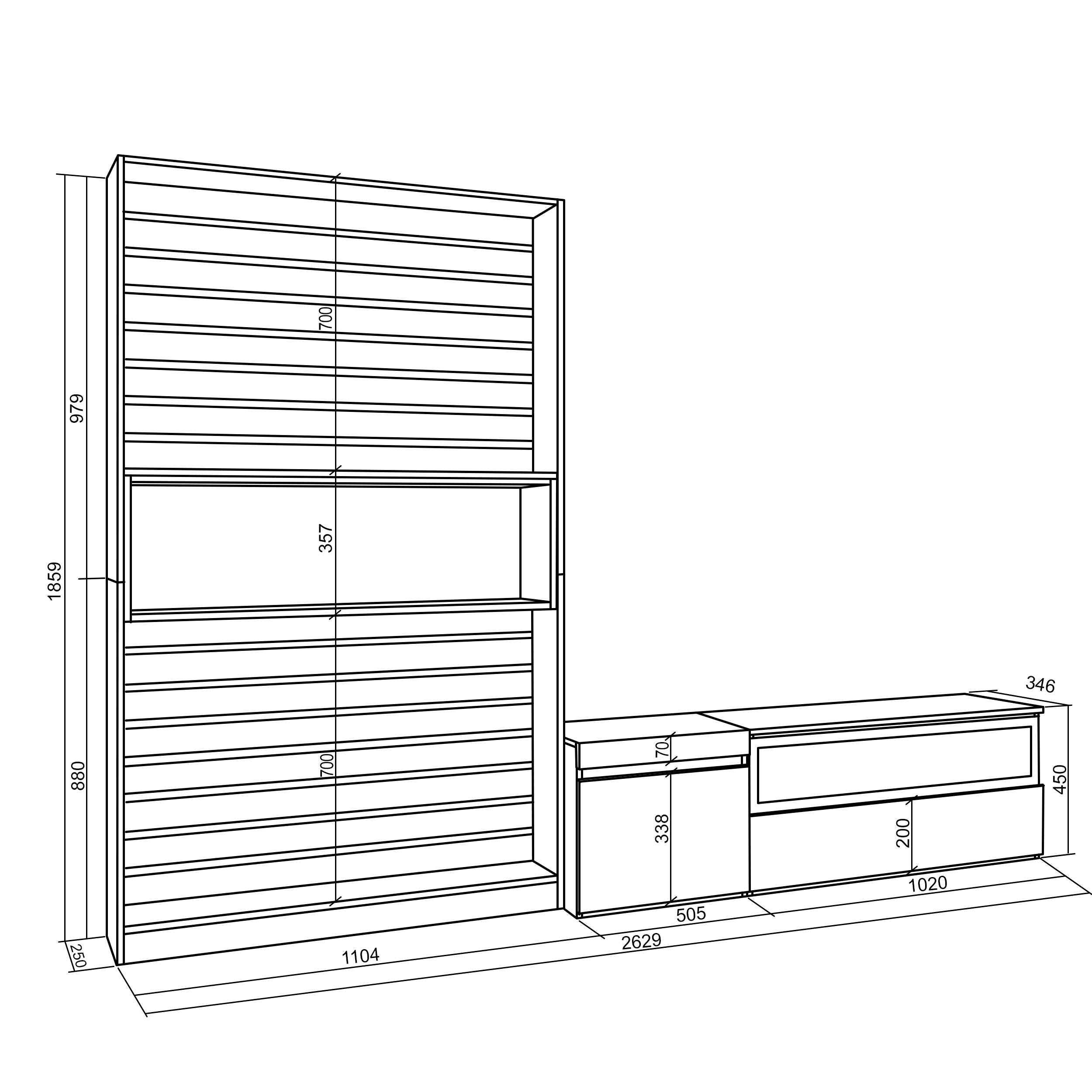 Mobile Soggiorno TV, 260x186x35cm, Per TV fino a 65", Camino elettrico RF 2558