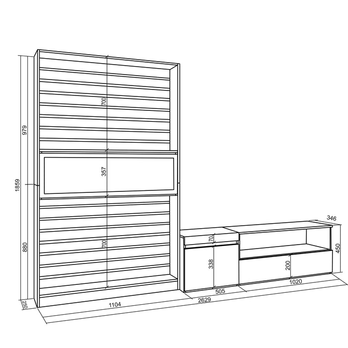 Mobile Soggiorno TV, 260x186x35cm, Per TV fino a 65", Camino elettrico RF 2562