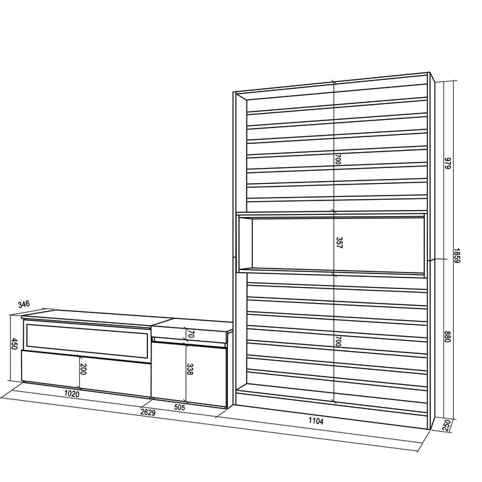 Mobile Soggiorno TV, 260x186x35cm, Per TV fino a 65", Camino elettrico RF 2559