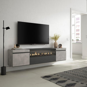 Mobile TV Soggiorno, 200x45x35cm, Per TV fino a 80", Camino elettrico da appendere, Stile moderno, Cemento