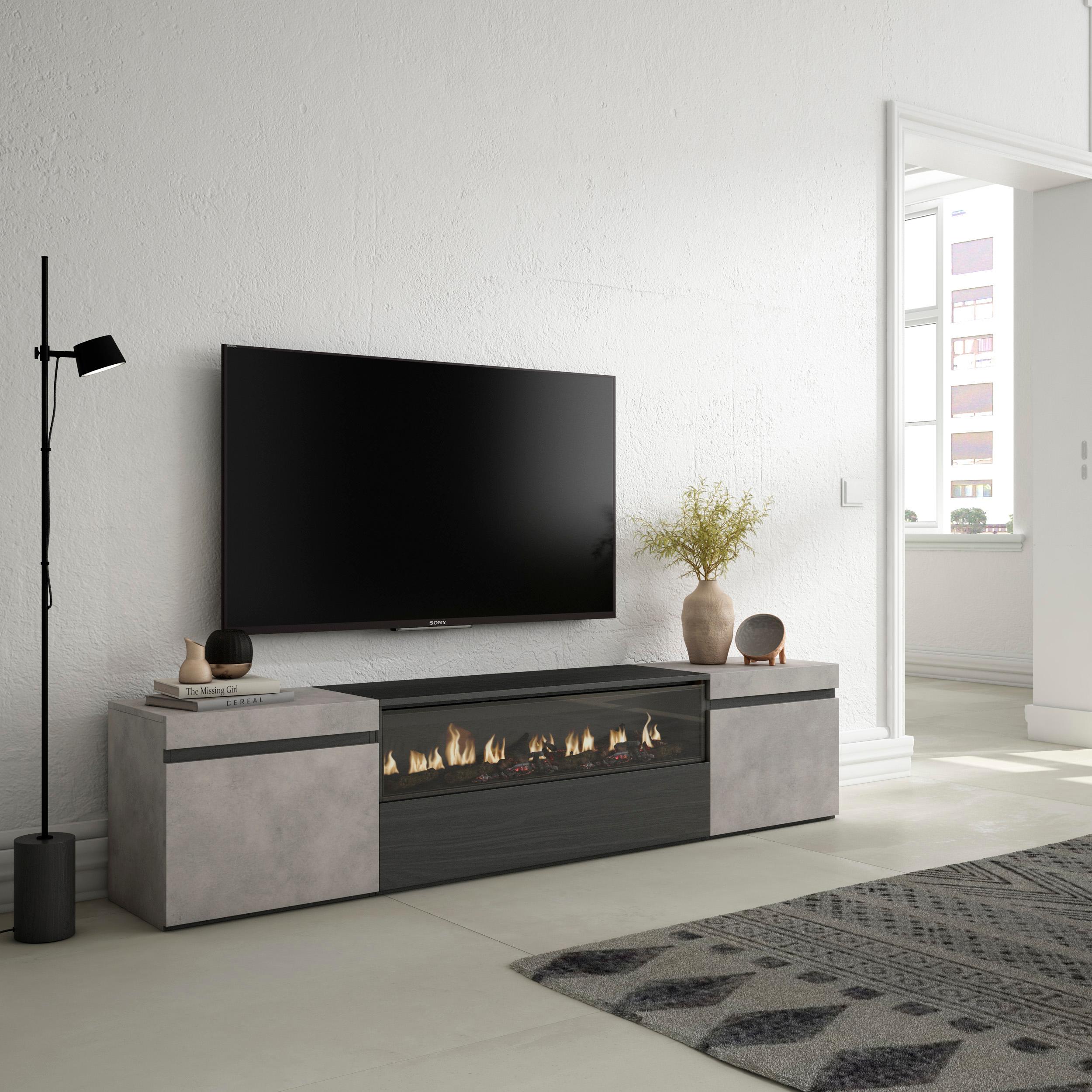 Mobile TV Soggiorno, 200x45x35cm, Per TV fino a 80", Camino elettrico, Stile moderno, Cemento