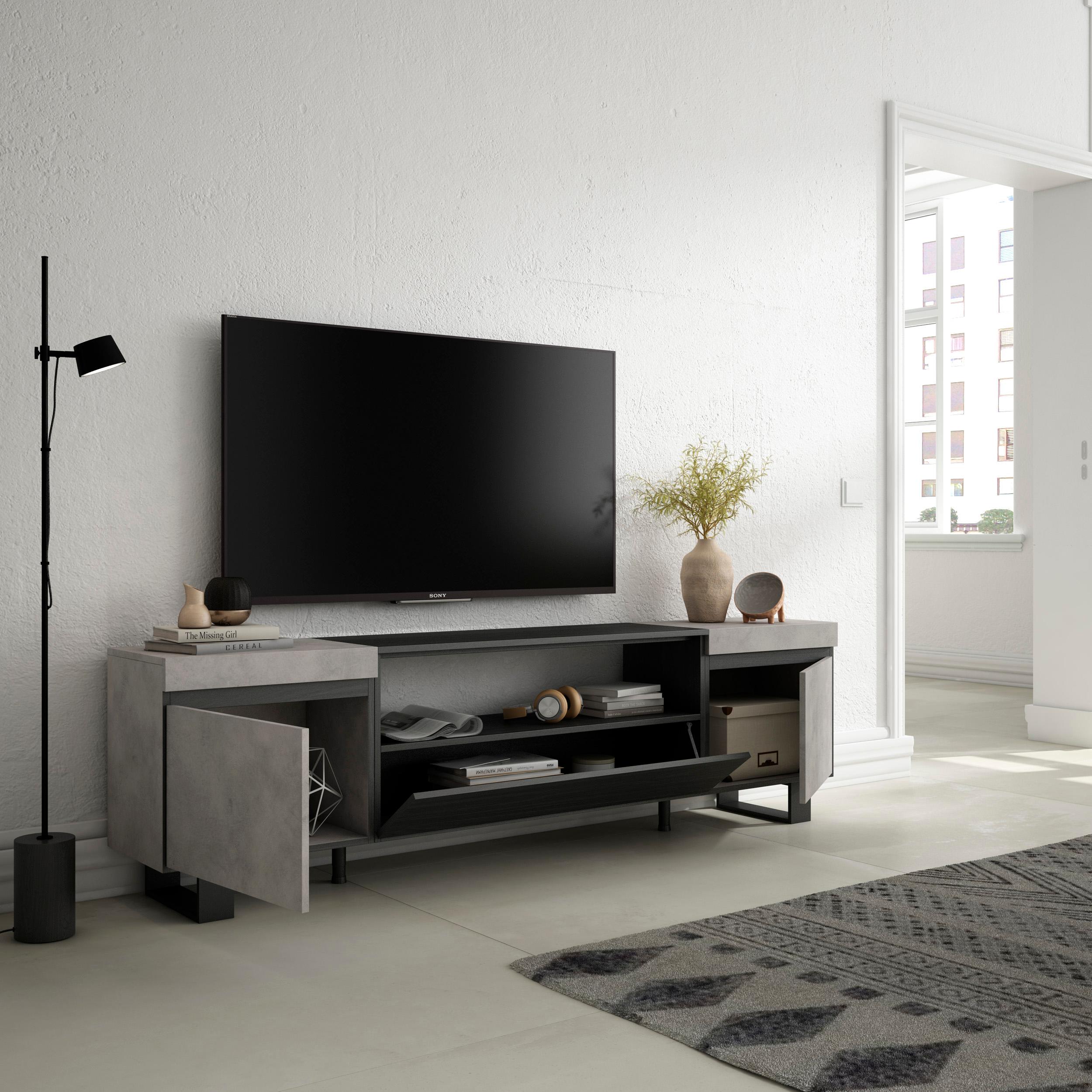 Mobile TV, 200x35x57cm, soggiorno, Per TV fino a 80", Design industriale, grigio cemento RF2239