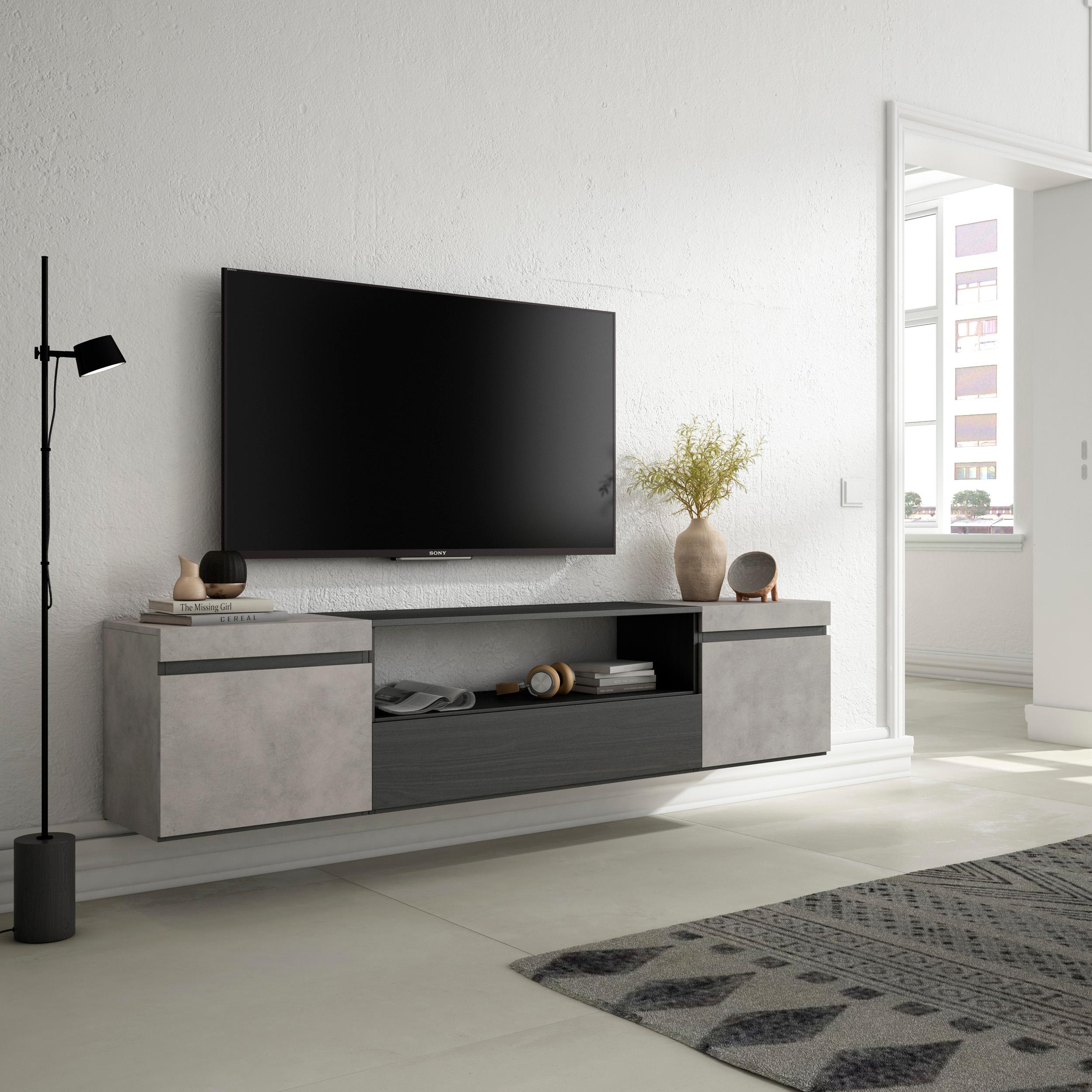 Mobile TV Soggiorno, 200x45x35cm, Per TV fino a 80", Sospeso, da appendere, Stile moderno, Cemento