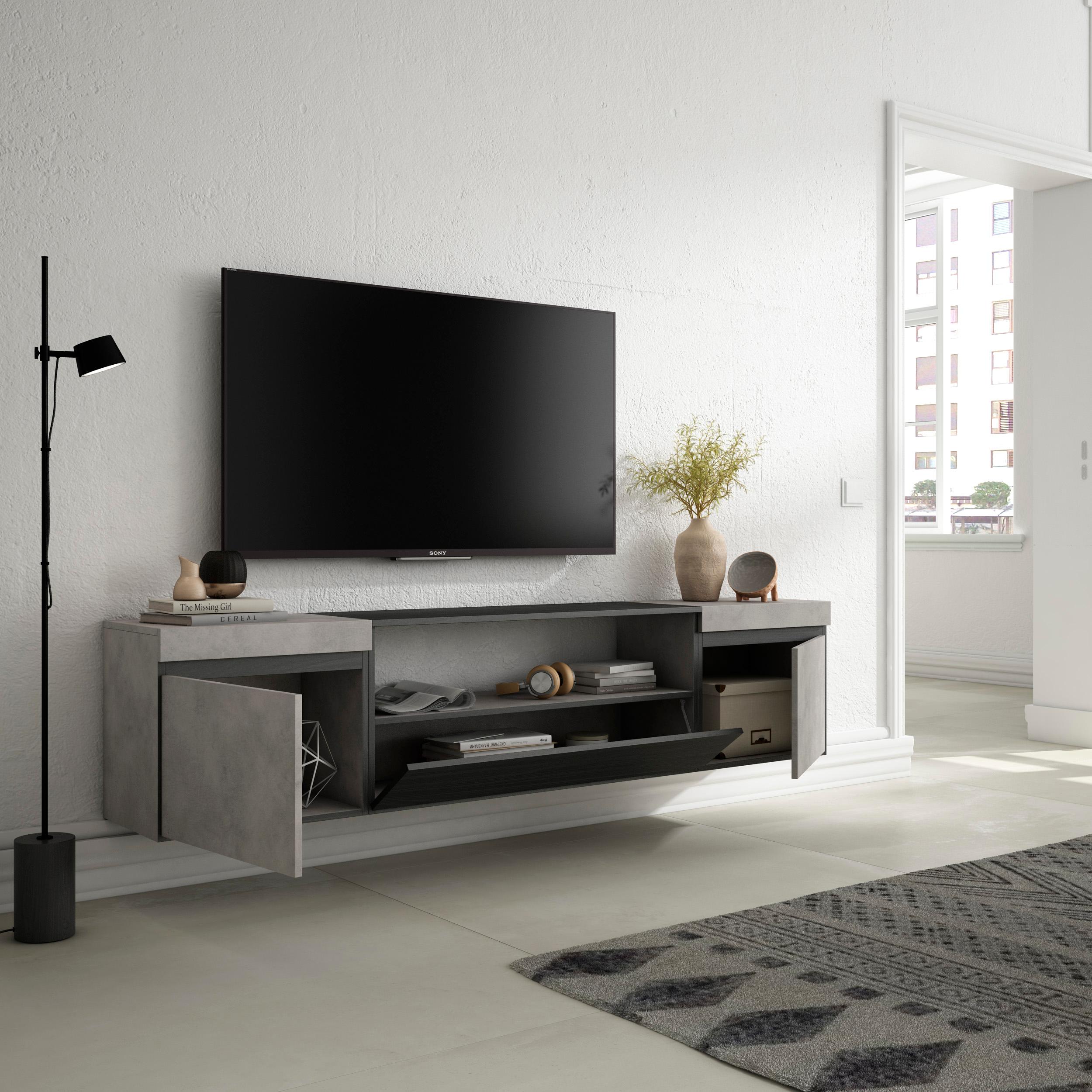 Mobile TV Soggiorno, 200x45x35cm, Per TV fino a 80", Sospeso, da appendere, Stile moderno, Cemento