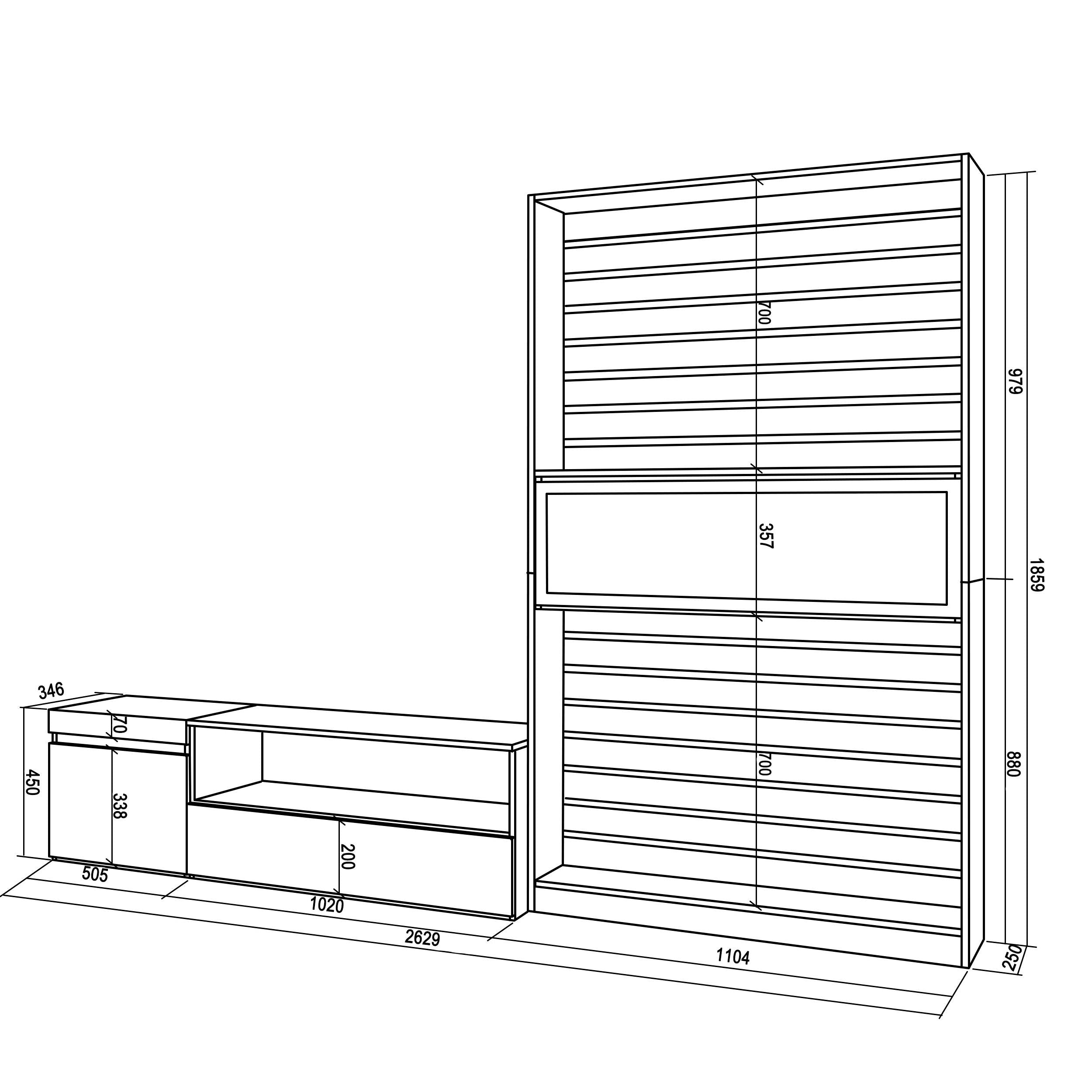 Mobile Soggiorno TV, 260x186x35cm, Per TV fino a 65", Camino elettrico RF 2564