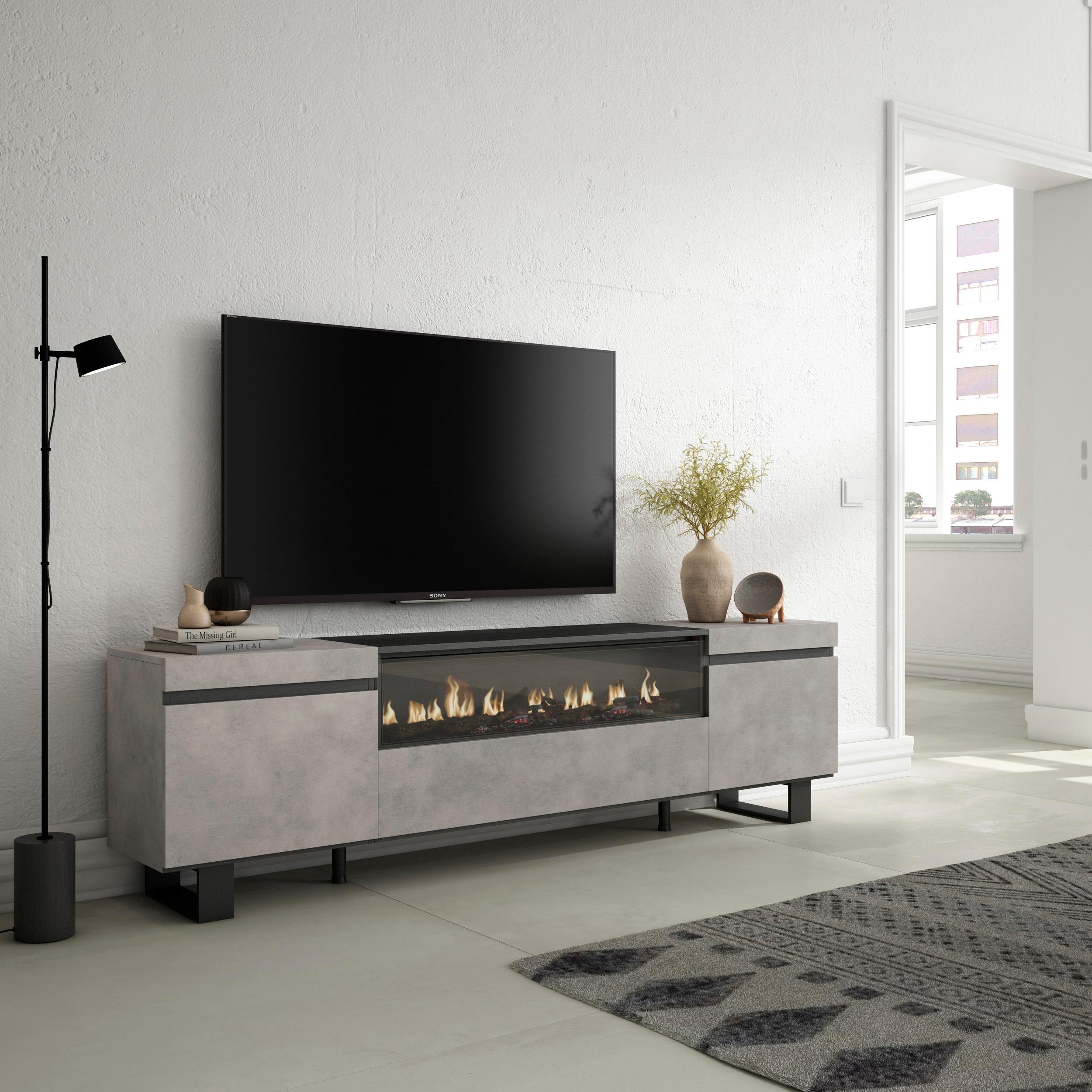 Mobile TV Soggiorno, 200x57x35cm, Per TV fino a 80", Camino elettrico, Design industriale, Stile moderno, colore Cemento