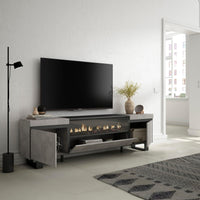 Mobile TV Soggiorno, 200x57x35cm, Per TV fino a 80", Camino elettrico, Design industriale, Stile moderno, colore Cemento