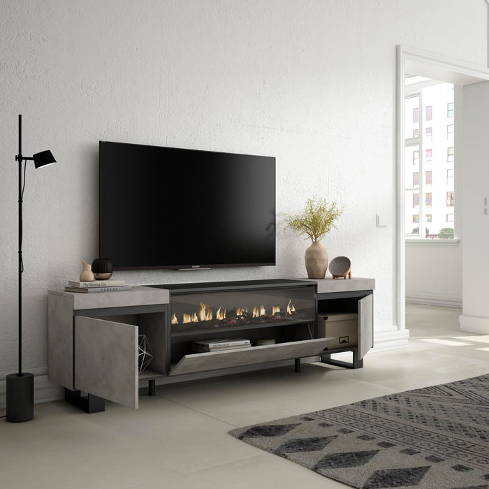 Mobile TV Soggiorno, 200x57x35cm, Per TV fino a 80", Camino elettrico, Design industriale, Stile moderno, colore Cemento