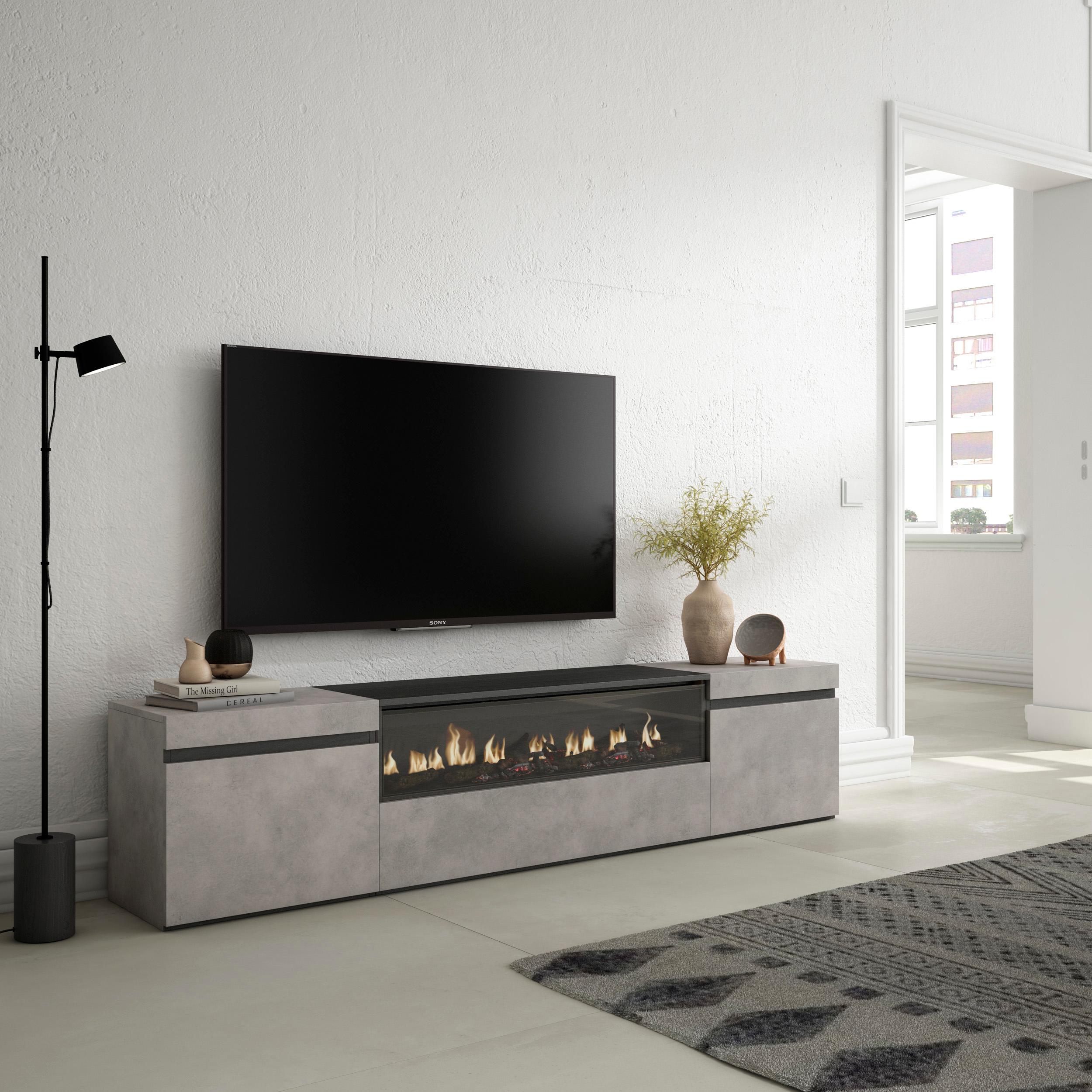 Mobile TV Soggiorno, 200x45x35cm, Per TV fino a 80", Camino elettrico, Stile moderno, colore Cemento