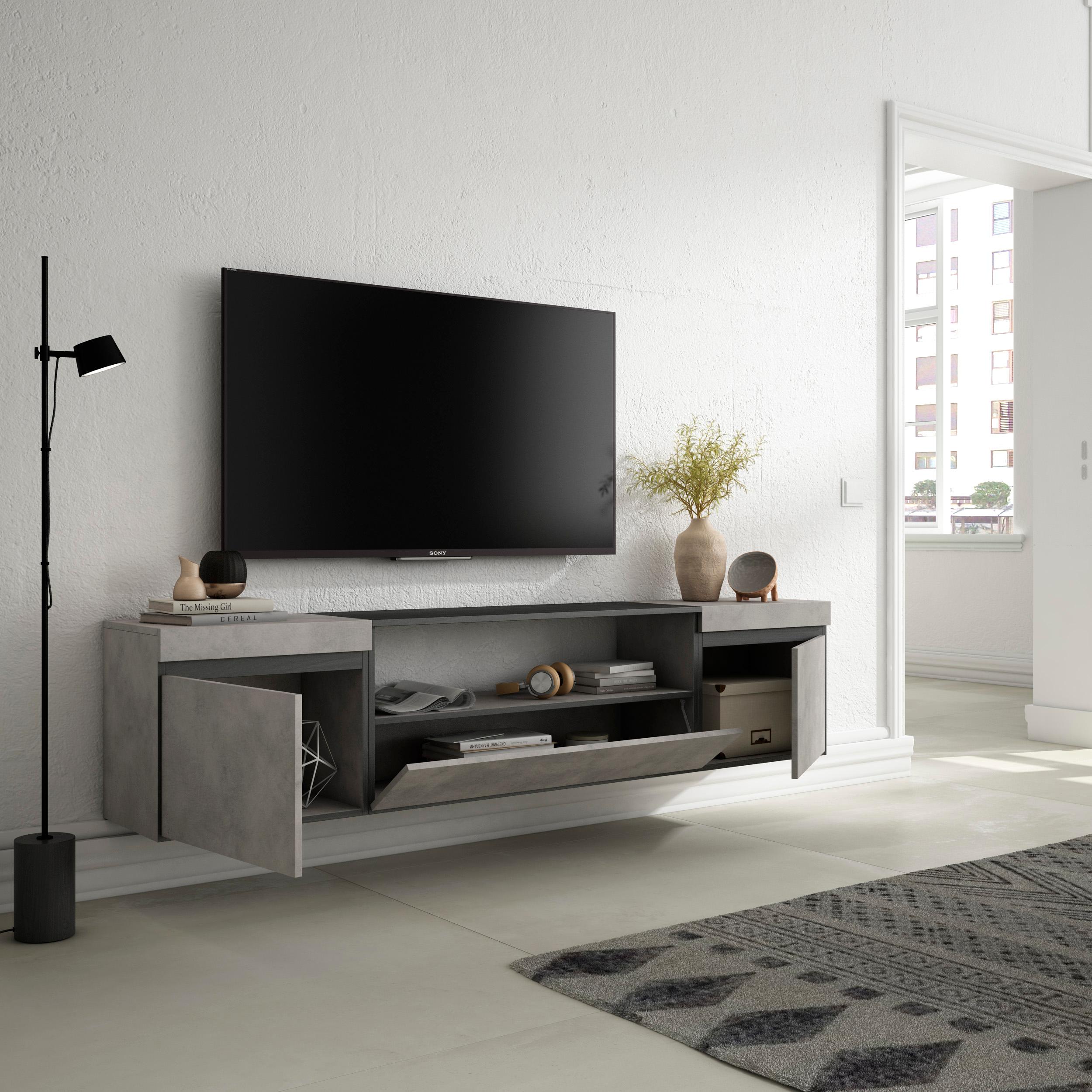 Mobile TV Soggiorno, 200x45x35cm, Per TV fino a 80", Sospeso, da appendere, Stile moderno, colore Cemento