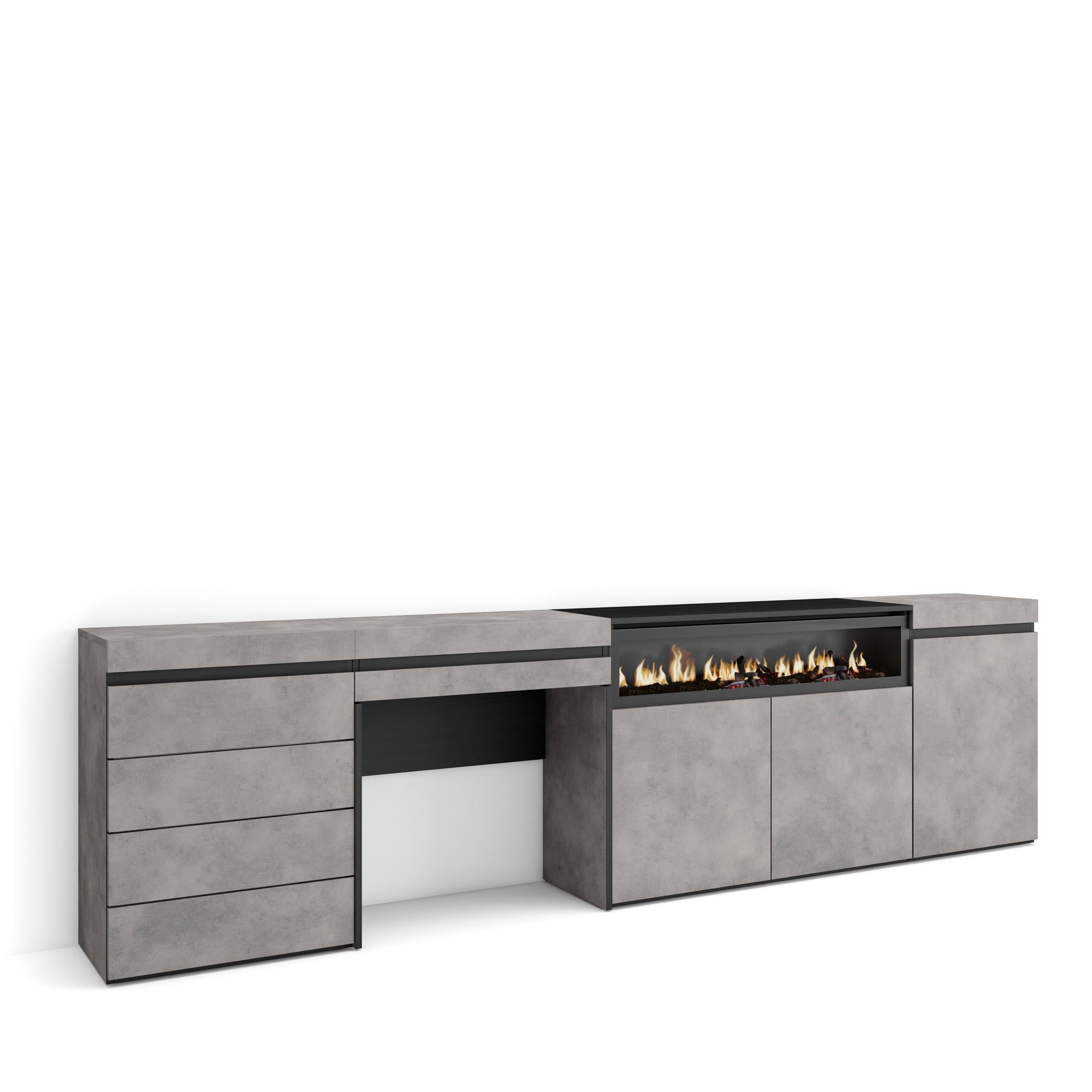 Credenza, 277x35x75cm, Camera da letto, Camino elettrico, Cassettiera, Tavolo da toeletta, grigio cemento RF3409