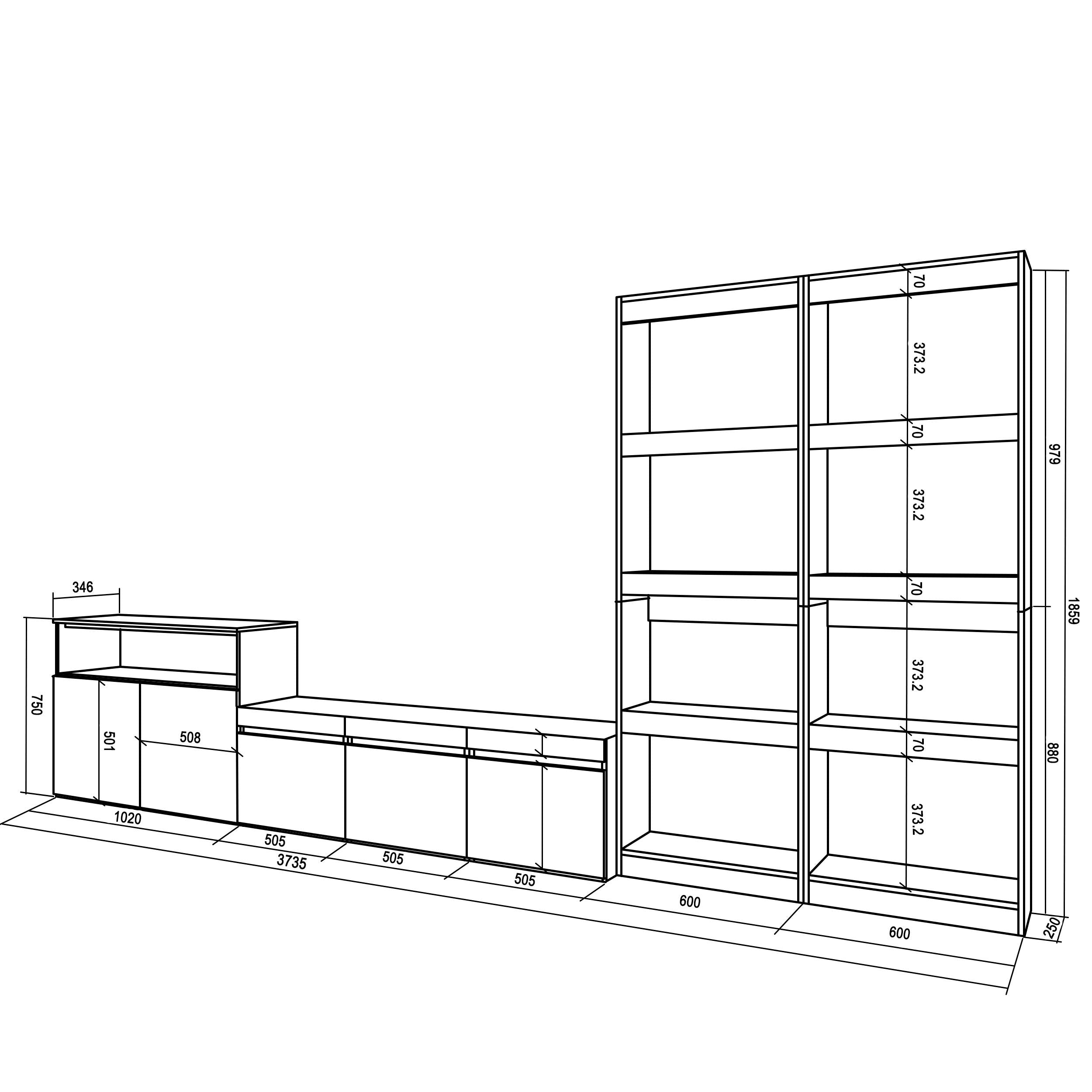 Mobile Soggiorno TV, 370x186x35cm, Per TV fino a 65", Cemento RF3170