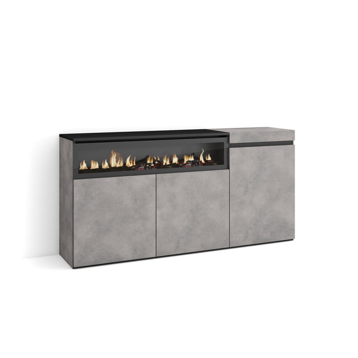 Credenza, Mobile soggiorno 150x75x35cm, 3 Porte, Camino elettrico, Stile moderno colore Cemento