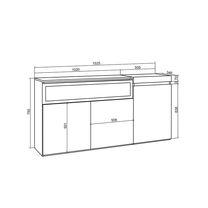 Credenza, Mobile soggiorno 150x75x35cm, 3 Porte, Camino elettrico, Stile moderno colore Cemento