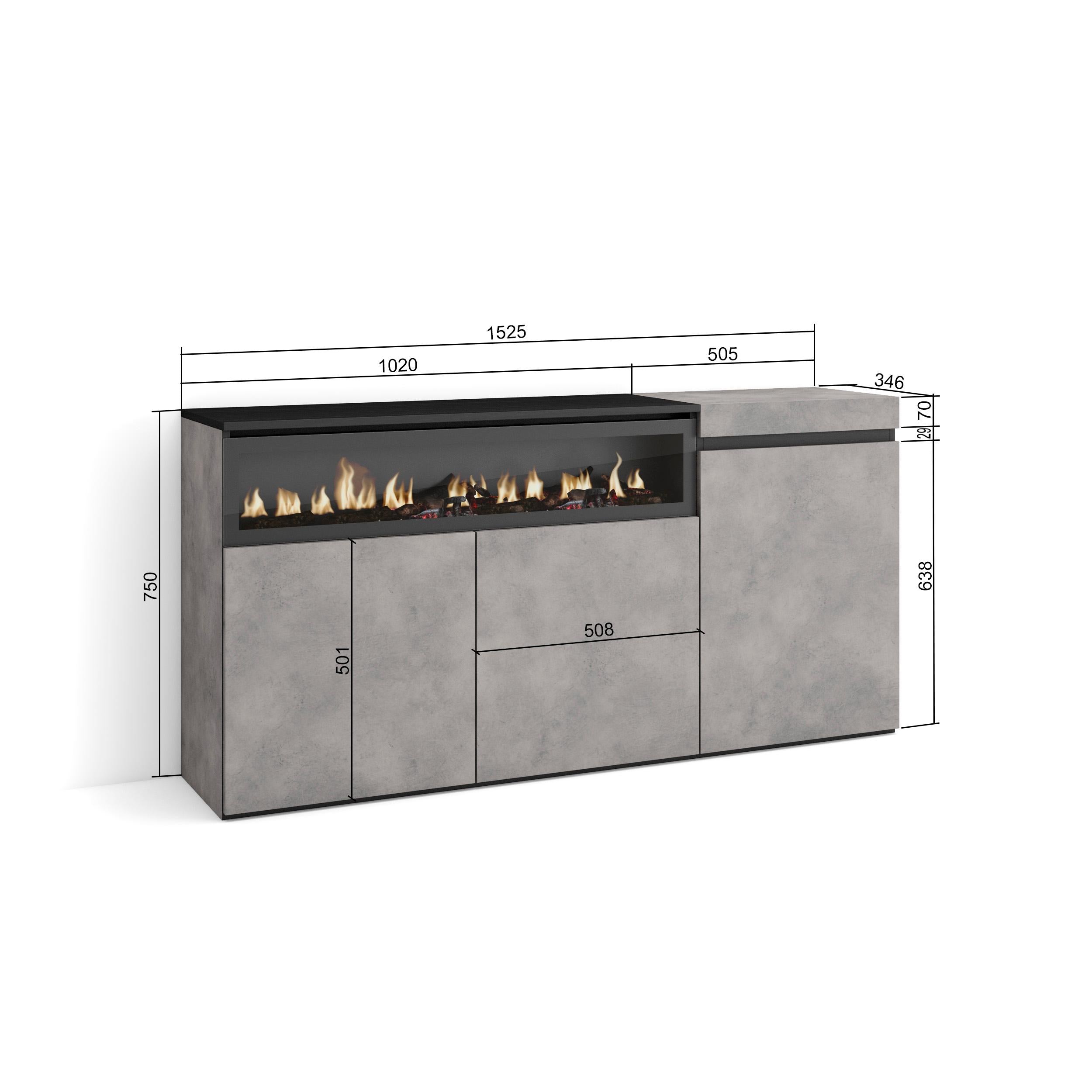 Credenza, Mobile soggiorno 150x75x35cm, 3 Porte, Camino elettrico, Stile moderno colore Cemento