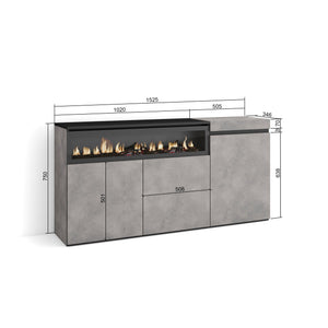 Credenza, Mobile soggiorno 150x75x35cm, 3 Porte, Camino elettrico, Stile moderno colore Cemento