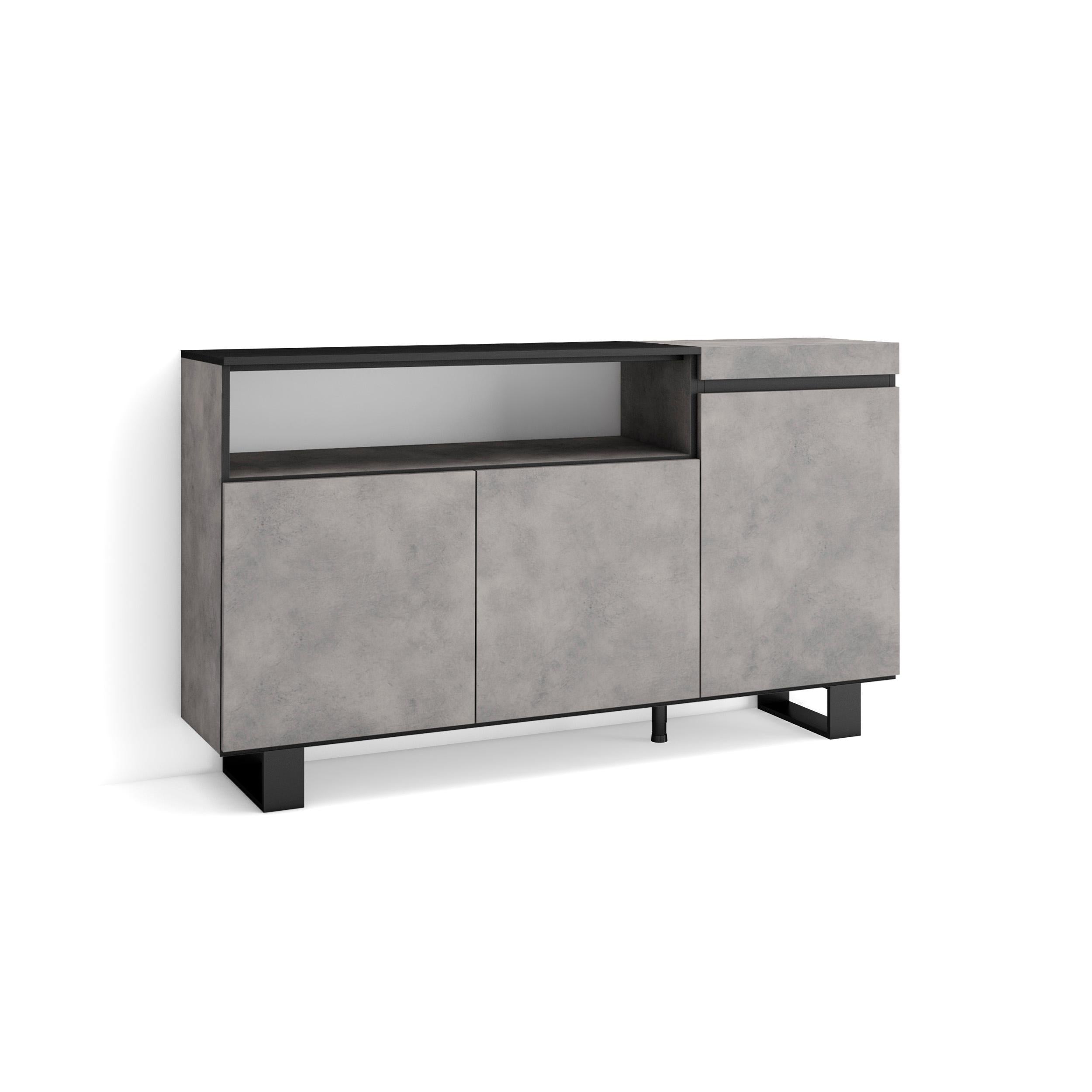 Credenza, Mobile soggiorno 150x87x35cm, 3 Porte, Design industriale, Stile moderno colore Cemento