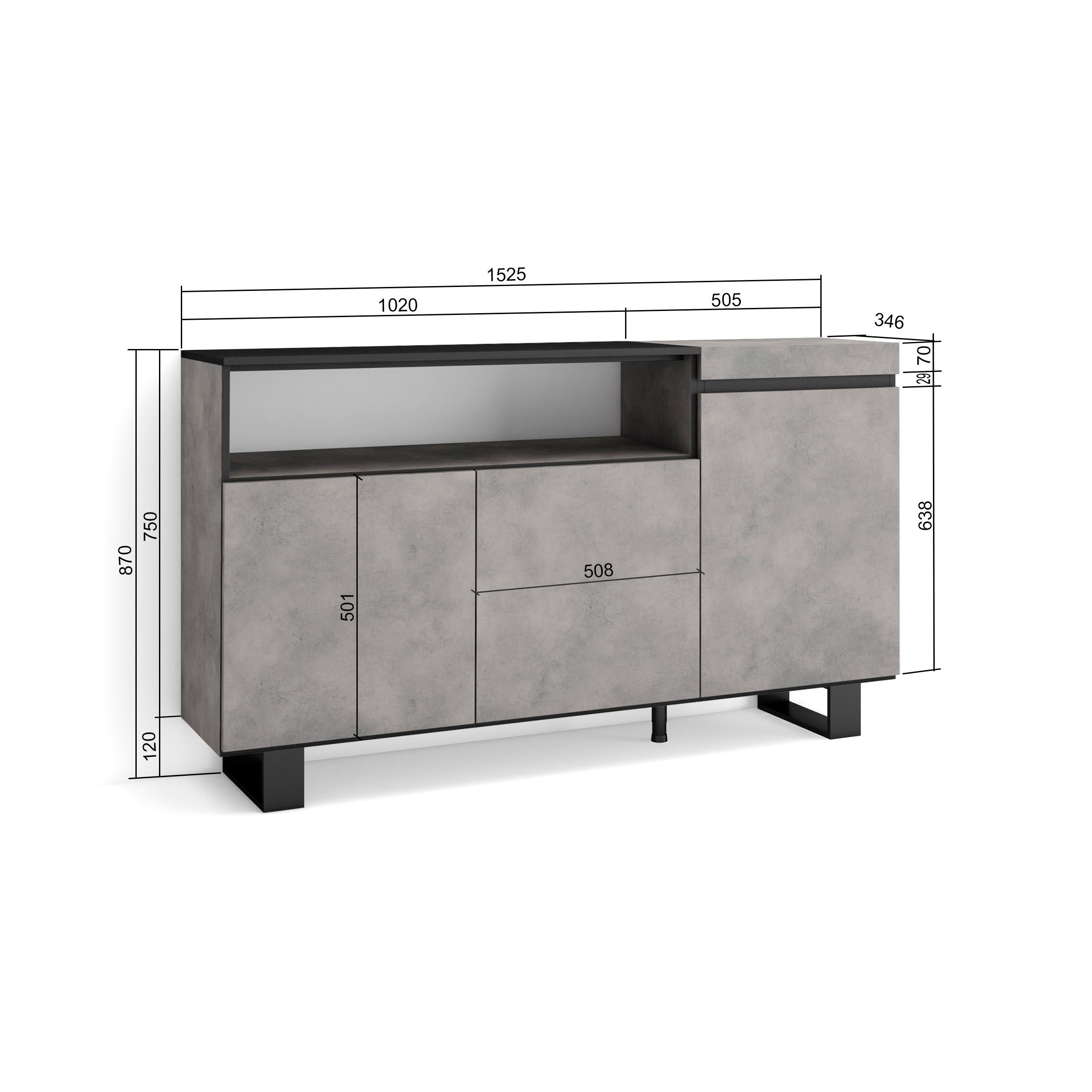 Credenza, Mobile soggiorno 150x87x35cm, 3 Porte, Design industriale, Stile moderno colore Cemento