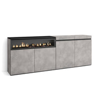 Credenza Mobile Cucina 200x75x35cm con 4 Porte con Camino elettrico, Stile moderno, Cemento