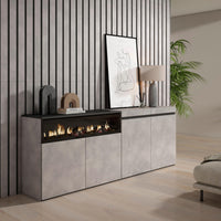 Credenza Mobile Cucina 200x75x35cm con 4 Porte con Camino elettrico, Stile moderno, Cemento