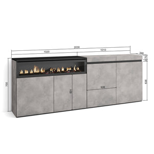 Credenza Mobile Cucina 200x75x35cm con 4 Porte con Camino elettrico, Stile moderno, Cemento