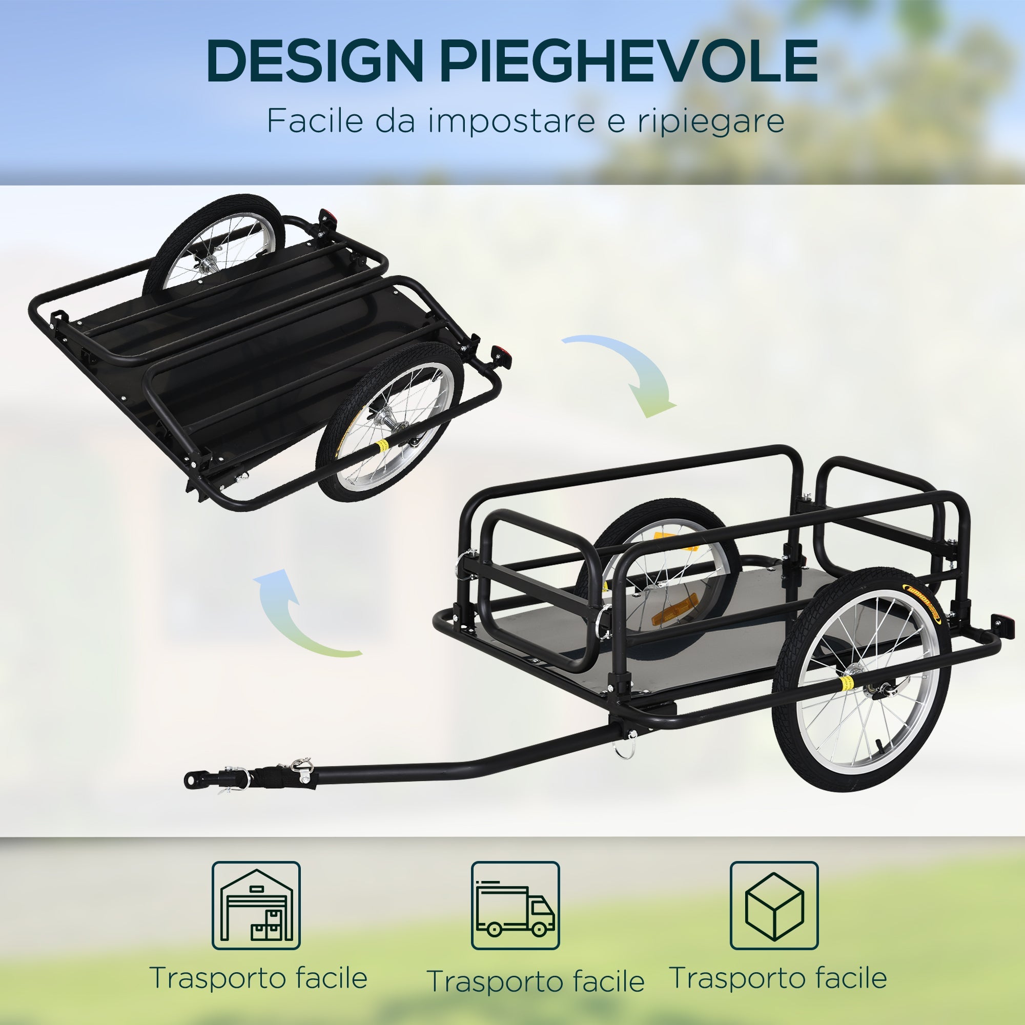 Carrello Bici con Pareti Pieghevoli e Rimovibili Gancio e 4 Catarifrangenti 139x71,5x49 cm in Acciaio e PE Nero