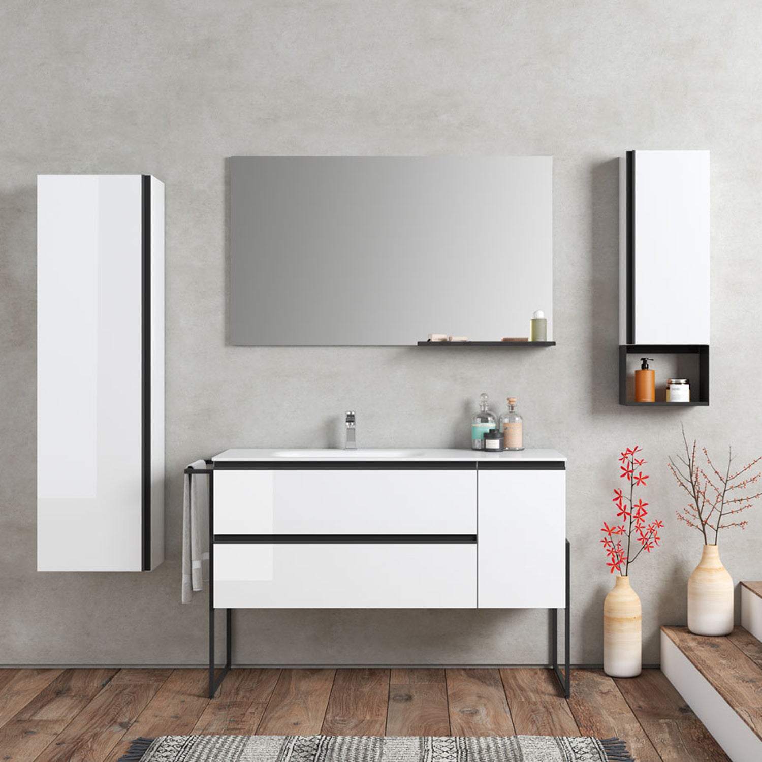 Composizione di mobili bagno con lavabo, colonna, pensile e specchio modello York01 200x46x190h cm Bianco Lucido