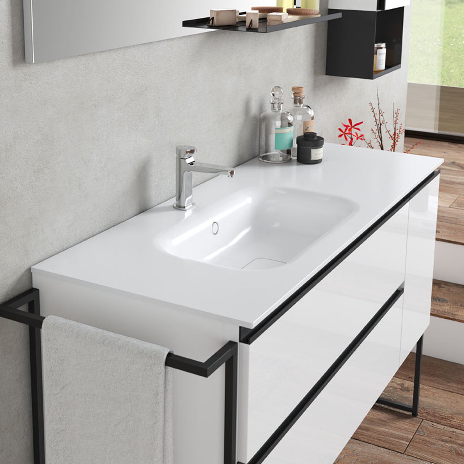 Composizione di mobili bagno con lavabo, colonna, pensile e specchio modello York01 200x46x190h cm Bianco Lucido