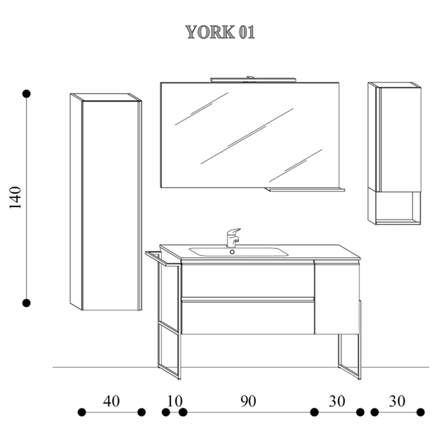 Composizione di mobili bagno con lavabo, colonna, pensile e specchio modello York01 200x46x190h cm Bianco Lucido