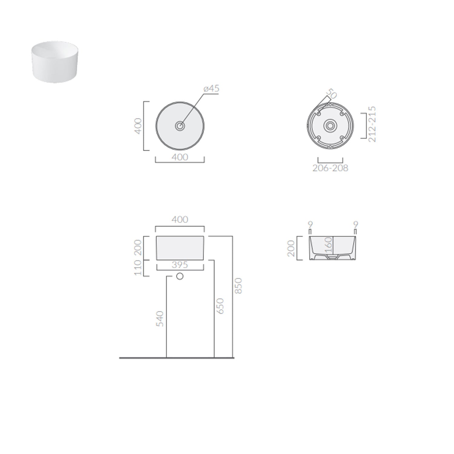 Lavandino da appoggio/sospeso cm Ã¸40x20h serie Core di Ceramica Galassia -  Bianco lucido