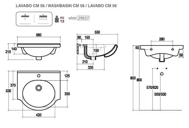 Lavabo top Althea modello Hola 56 cm 