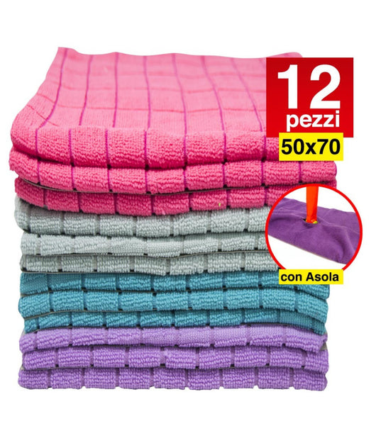 12 Panni Microfibra 50x70 Cm Senza Asola Panno Pulizia Multiuso Lava Pavimenti         