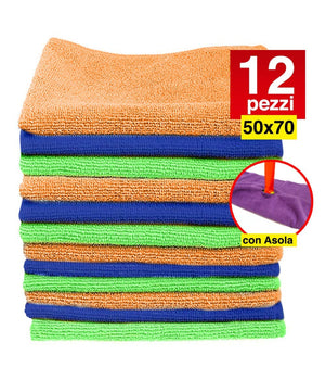 12 Panni Microfibra 50x70cm Panno Pulizia Multiuso Lava Pavimenti Con Asola         