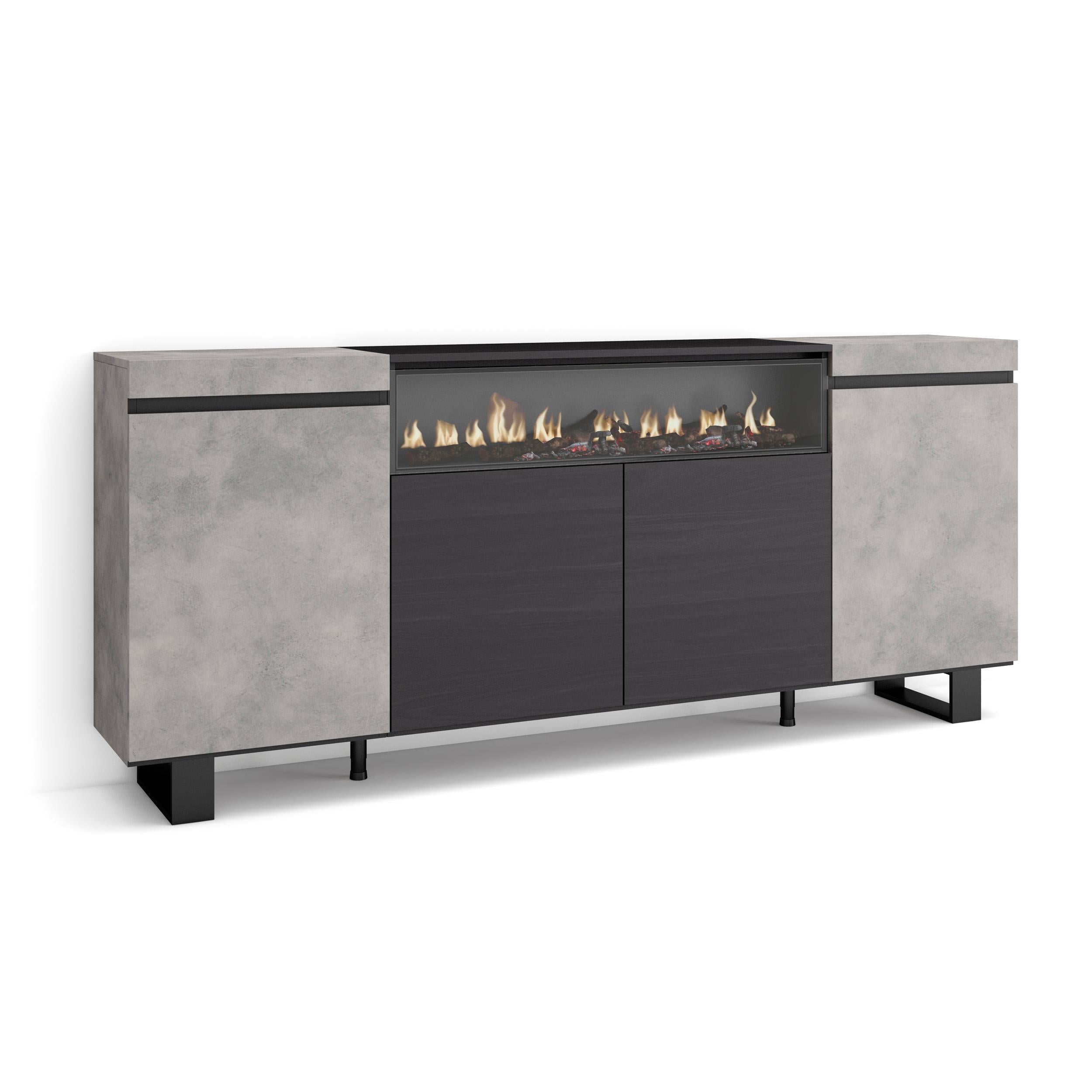 Credenza, Mobile soggiorno 200x87x35cm, 4 Porte, Camino elettrico, Design industriale, Stile moderno, Cemento