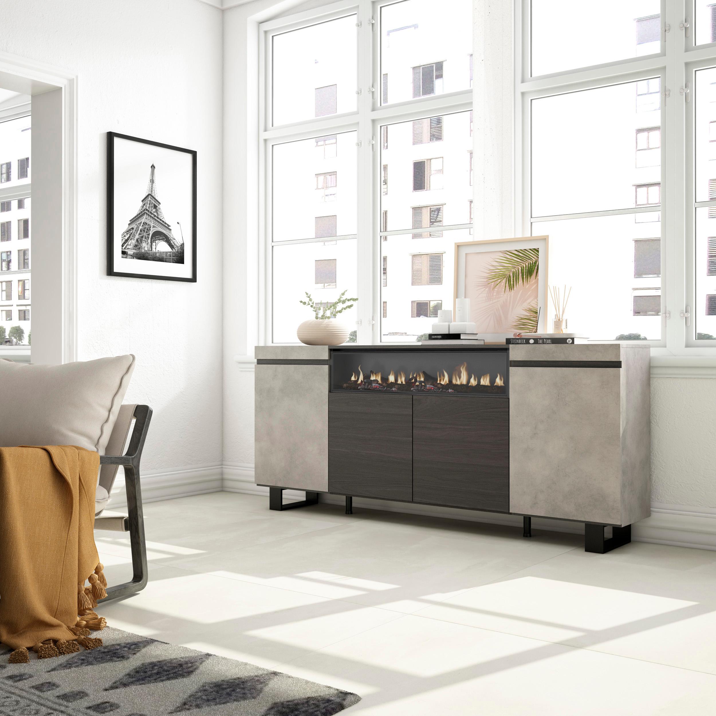 Credenza, Mobile soggiorno 200x87x35cm, 4 Porte, Camino elettrico, Design industriale, Stile moderno, Cemento