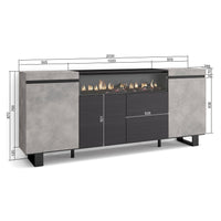 Credenza, Mobile soggiorno 200x87x35cm, 4 Porte, Camino elettrico, Design industriale, Stile moderno, Cemento